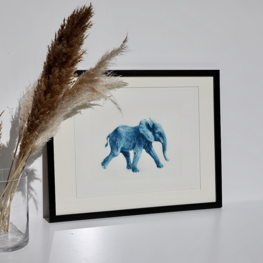 ELEPHANT PRINT BLAU GERAHMT